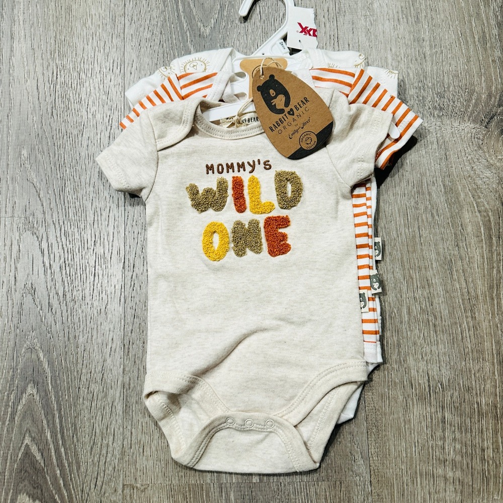 Rabbit + Bear Organic 3 Pack‎ Bodysuits 0-3M Orange White Lion Wild One NWT